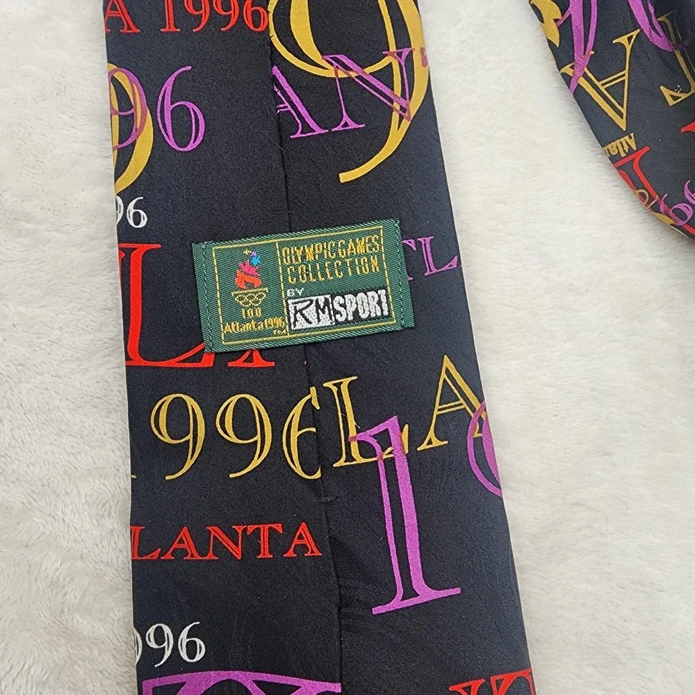 Vintage Olympics Tie  Atlanta 1996 Mens One Size Black Silk Necktie 90s USA Made